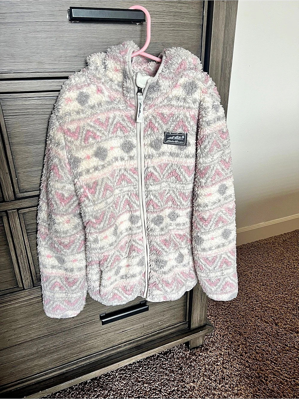 Eddie Bauer Girls Geometric Fleece Jacket Pink & Gray Size Medium (10/12)